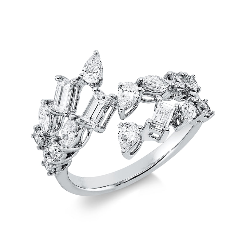 Ring 18 kt WG, 3 Tropfen 0,29 ct, TW-si, 3 Bag. 0,39 ct, TW-si, 4 Nav. 0,29 ct, TW-si, 6 Brill. 0,34 ct, TW-si