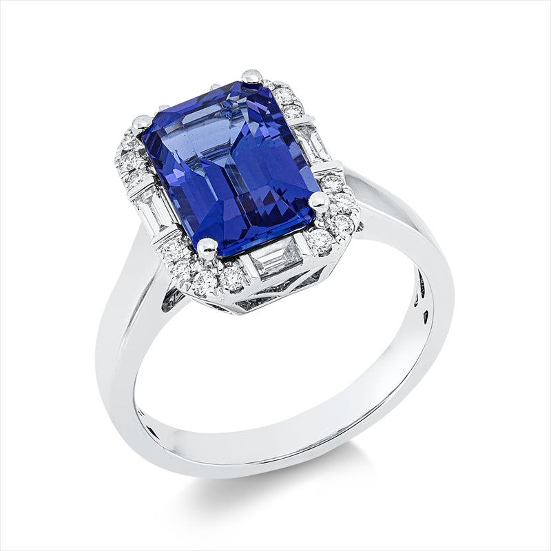Ring 18 kt WG, 4 Bag. 0,16 ct, TW-si, 16 Brill. 0,15 ct, TW-si, 1 Tansanit 3,17 ct blau