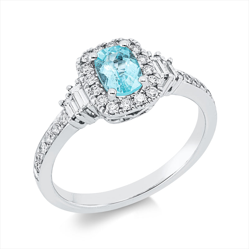 Ring 18 kt WG, 4 Bag. 0,15 ct, TW-si, 29 Brill. 0,26 ct, TW-si, 1 Paraiba 0,58 ct blau