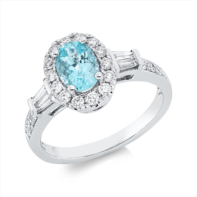 Ring 18 kt WG, 4 Trap. 0,18 ct, TW-si, 20 Brill. 0,36 ct, TW-si, 1 Paraiba 0,94 ct blau