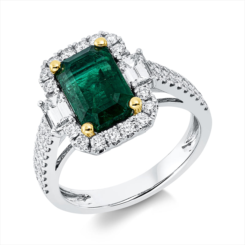 Ring 950 Pt GP, 52 Brill. 0,62 ct, TW-si, 2 Sm.schliff 0,45 ct, TW-vsi, 1 Smaragd 3,02 ct grün