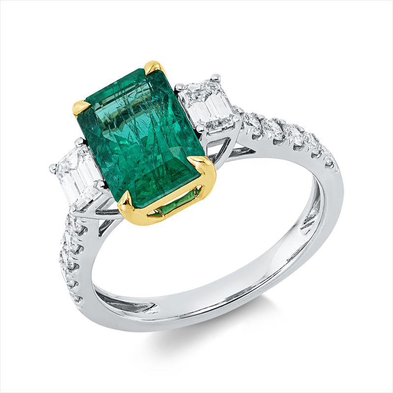 Ring 950 Pt GP, 2 Sm.schliff 0,45 ct, TW-vsi, 12 Brill. 0,36 ct, TW-si, 1 Smaragd 2,34 ct grün