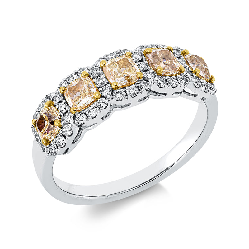 Ring 18 kt WG+GG, 48 Brill. 0,30 ct, TW-si, 5 Cushion 1,16 ct, gelb
