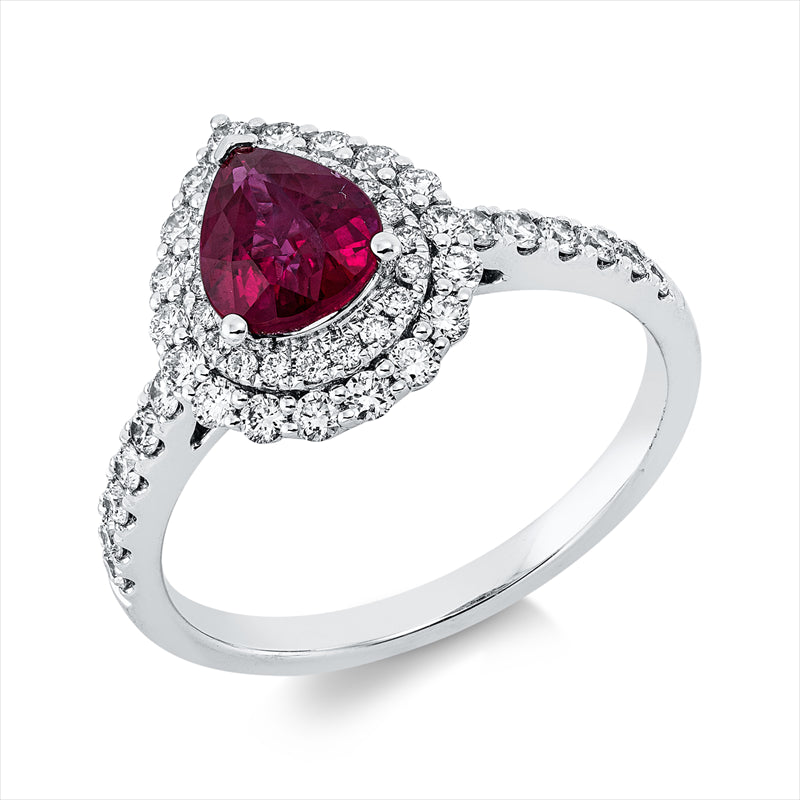 Ring 18 kt WG, 50 Brill. 0,51 ct, TW-si, 1 Rubin 1,12 ct rot