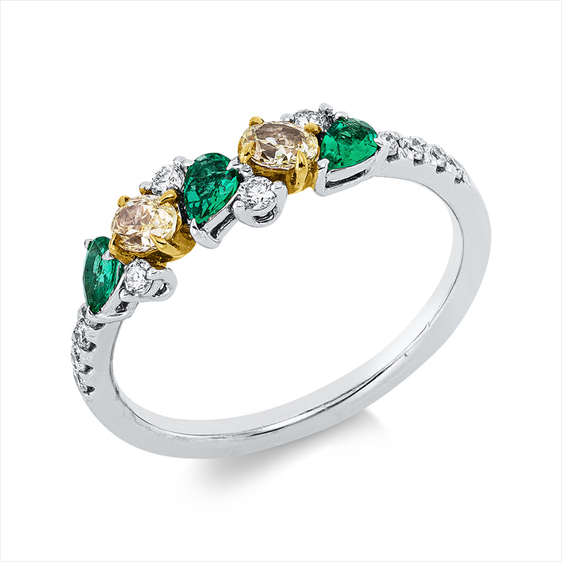Ring 18 kt WG+GG, 12 Brill. 0,16 ct, TW-si, 2 Oval 0,26 ct, gelb, 3 Smaragde 0,18 ct grün