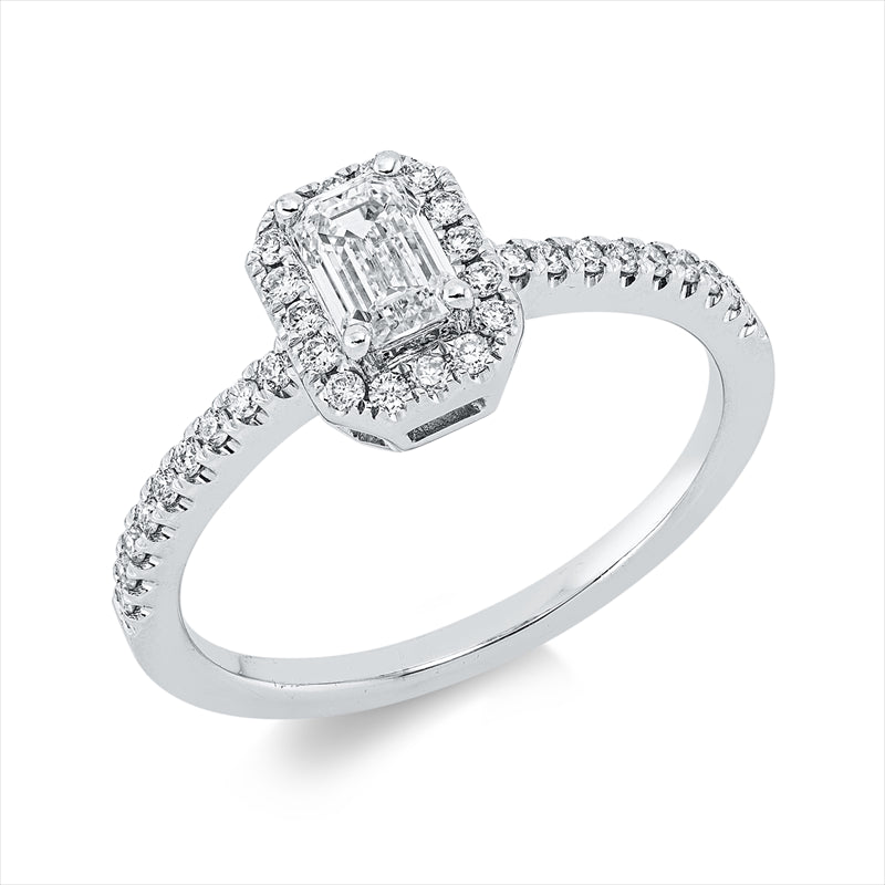 Ring 18 kt WG, 1 Sm.schliff 0,51 ct, TW-vsi, 34 Brill. 0,22 ct, TW-si