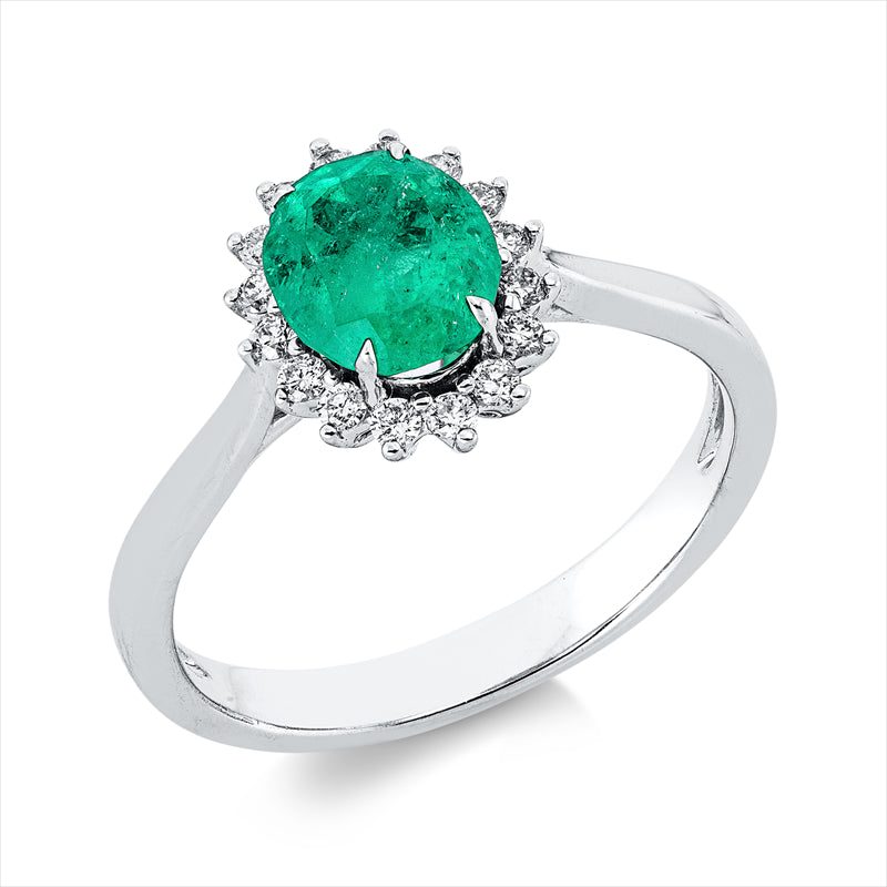 Ring 18 kt WG, 16 Brill. 0,18 ct, TW-si, 1 Smaragd 1,12 ct grün