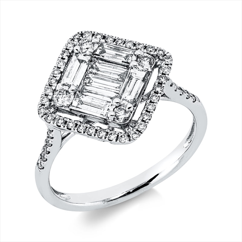 Ring 18 kt WG, 7 Bag. 0,72 ct, TW-vsi, 50 Brill. 0,33 ct, TW-vsi