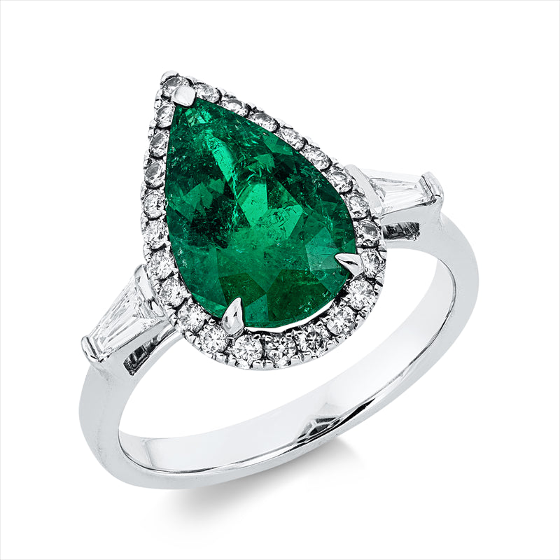 Ring 18 kt WG, 2 Trap. 0,15 ct, F-vvs/vs, 24 Brill. 0,22 ct, F-vvs/vs, 1 Smaragd 2,11 ct grün