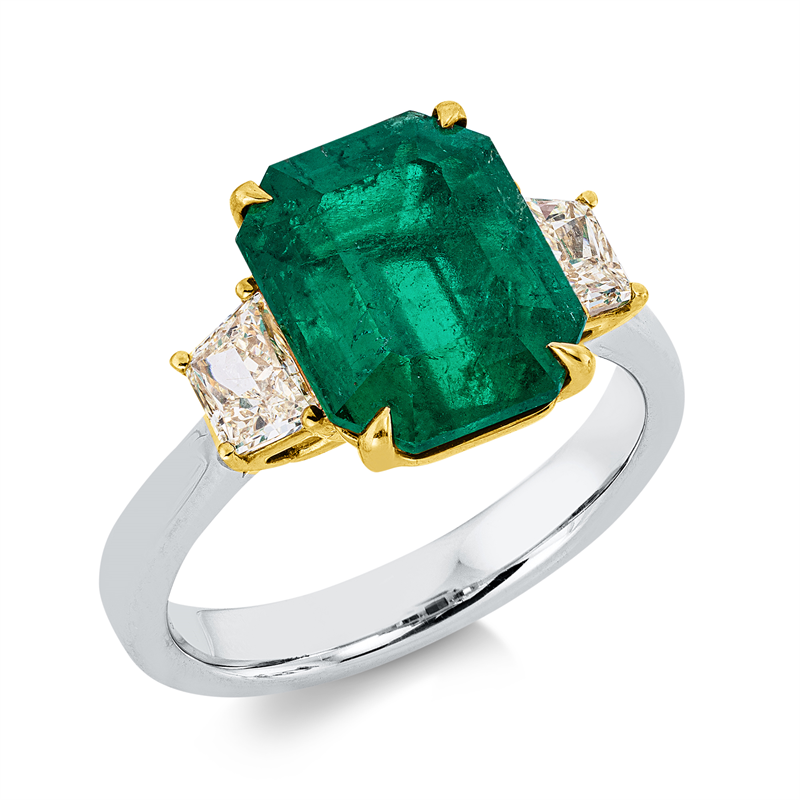 Ring 18 kt WG+GG, 2 Fant-Schl. 0,70 ct, gelb, 1 Smaragd 3,75 ct grün