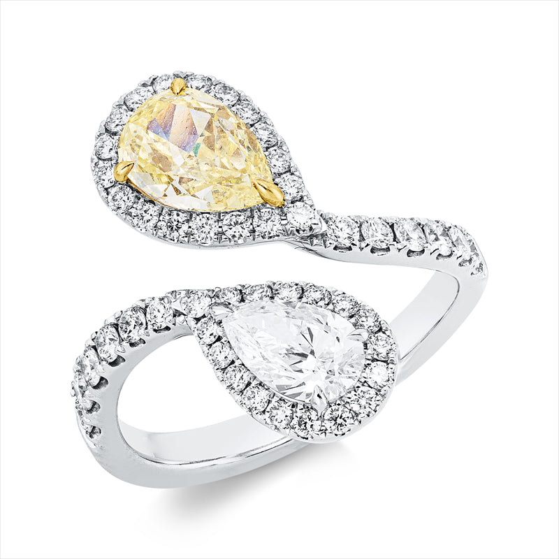 Ring 18 kt WG+YG, 1 Tropfen 0,52 ct, E-vvs2, 1 Tropfen 0,80 ct, gelb-vvs2, 47 Brill. 0,54 ct, F-vvs/vs