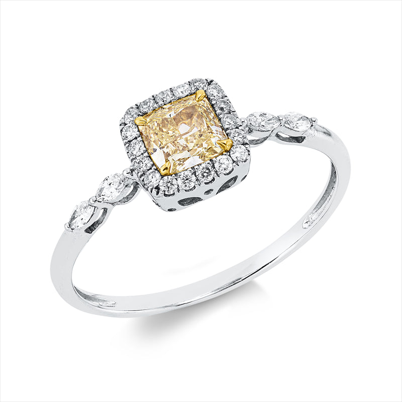 Ring 18 kt WG+GG, 1 Cushion 0,53 ct, gelb-si, 22 Fant-Schl. 0,17 ct, TW-si