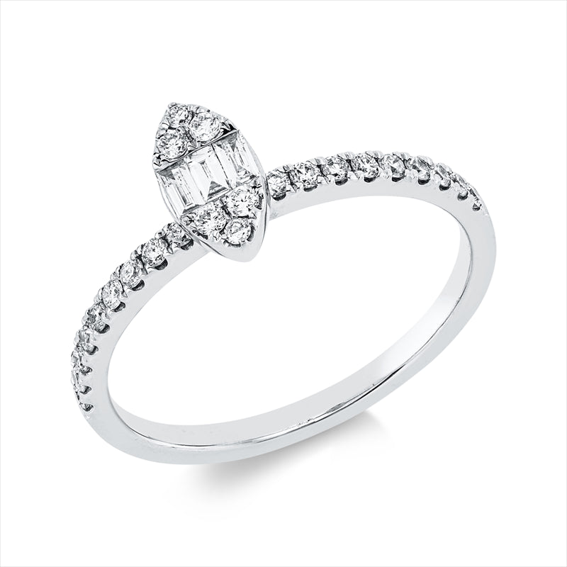 Ring 18 kt WG, 3 Bag. 0,08 ct, TW-si, 24 Brill. 0,23 ct, TW-si