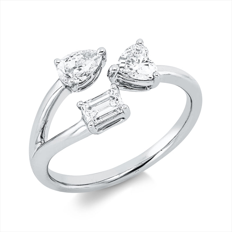 Ring 18 kt WG, 1 Herzschl. 0,27 ct, 1 Tropfen 0,26 ct, 1 Sm.schliff 0,25 ct, D/TW-vsi/si