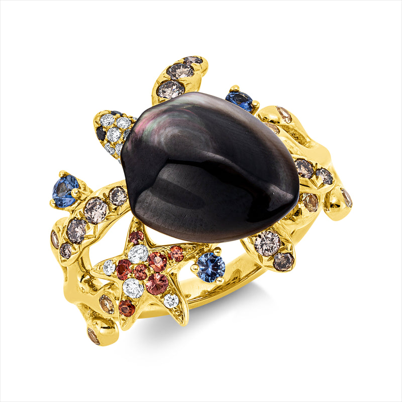 Ring 18 kt GG,13 Brill. 0,07 ct,TW-vsi,13 Brill.0,23ct,fancy,1 Perlmutt 2,88ct,18 Saphire 0,37ct multicolor
