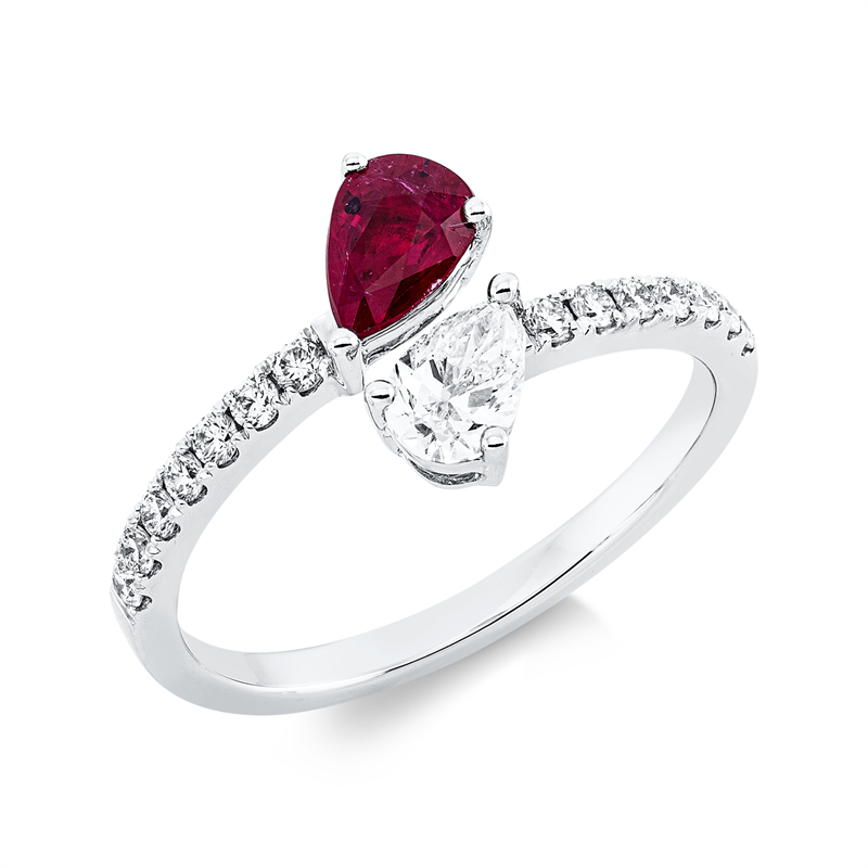 Ring 18 kt WG, 15 Fant-Schl. 0,53 ct, TW-si, 1 Rubin 0,56 ct rot