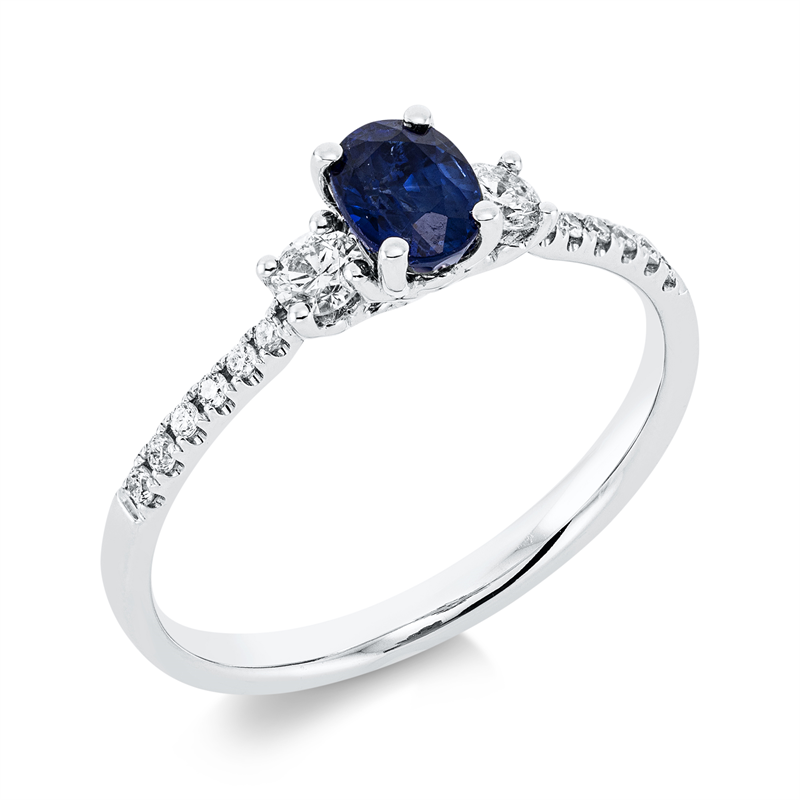 Ring 18 kt WG, 14 Brill. 0,25 ct, TW-si/pi, 1 Saphir 0,52 ct blau