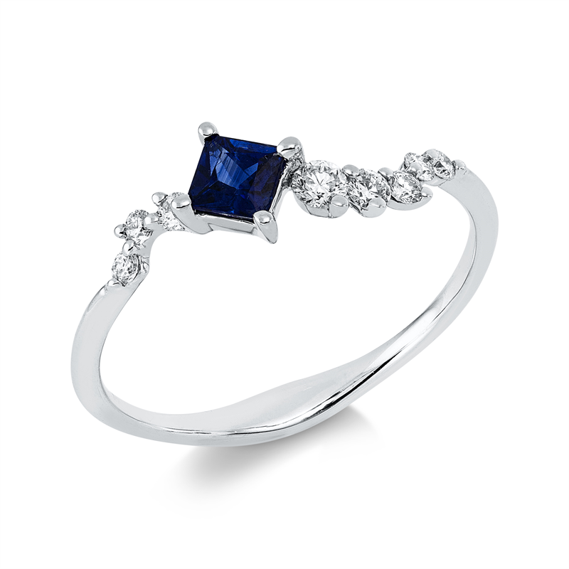 Ring 18 kt WG, 8 Brill. 0,19 ct, TW-si/pi, 1 Saphir 0,27 ct blau