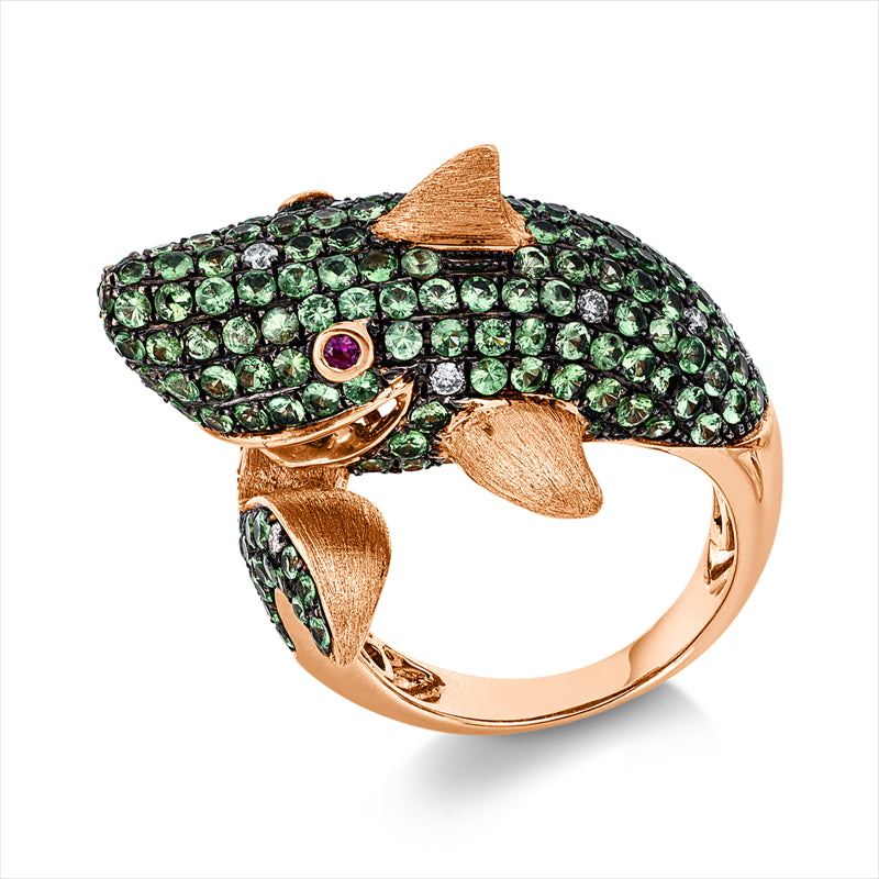 Ring 18 kt RG, Fassung schwarz rhodiniert, 11 Brill. 0,15 ct, I-pi, 185 Farbsteine 3,31 ct multicolor