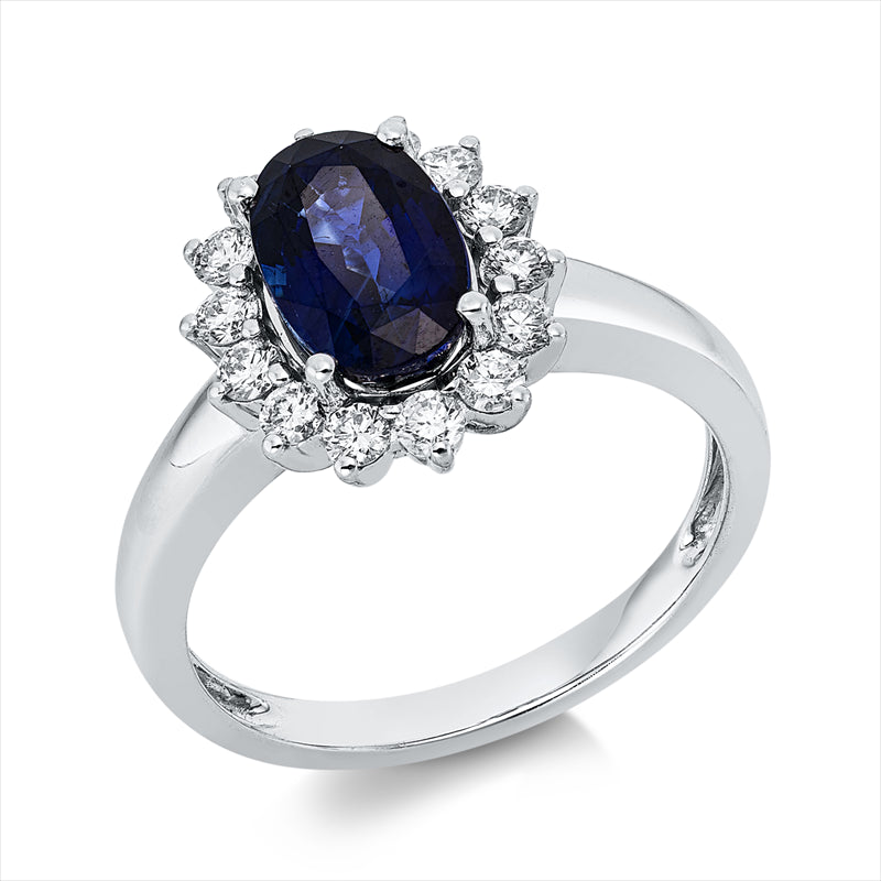 Ring 18 kt WG, 14 Brill. 0,41 ct, F-vsi/si, 1 Saphir 2,33 ct blau