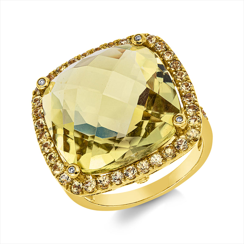 Ring 18 kt GG, 6 Brill. 0,02 ct, I-pi, 1 Lemonquarz 18,01 ct grün, 44 Saphire 0,99 ct gelb