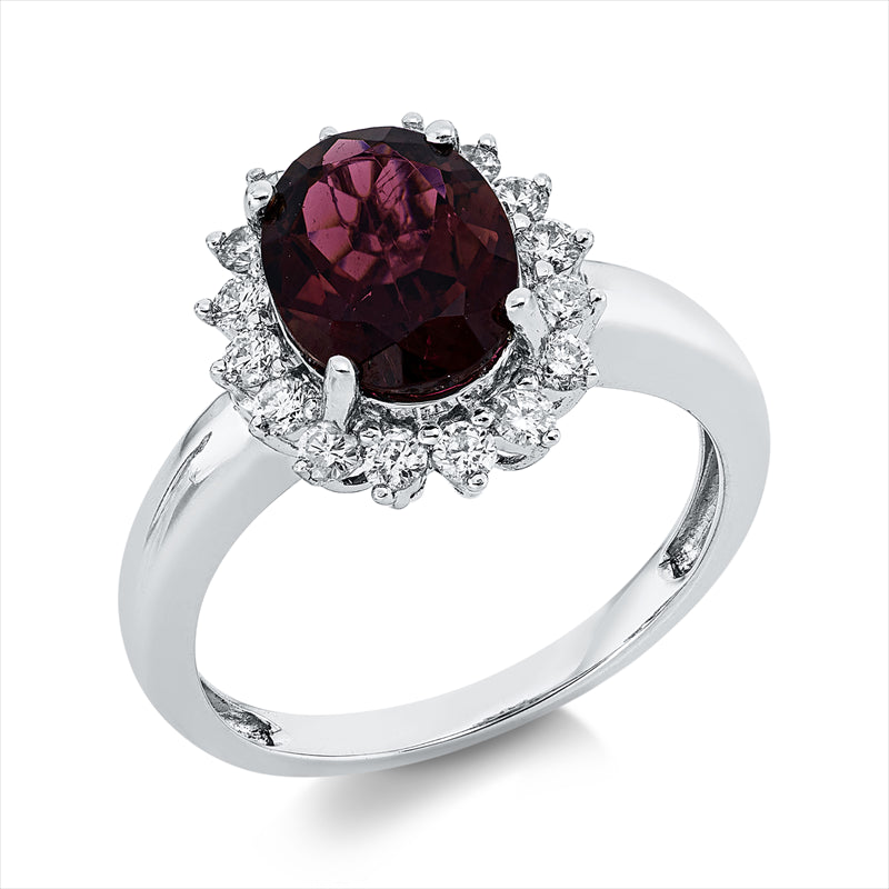 Ring 18 kt WG, 16 Brill. 0,40 ct, W-si, 1 Turmalin 1,77 ct rot