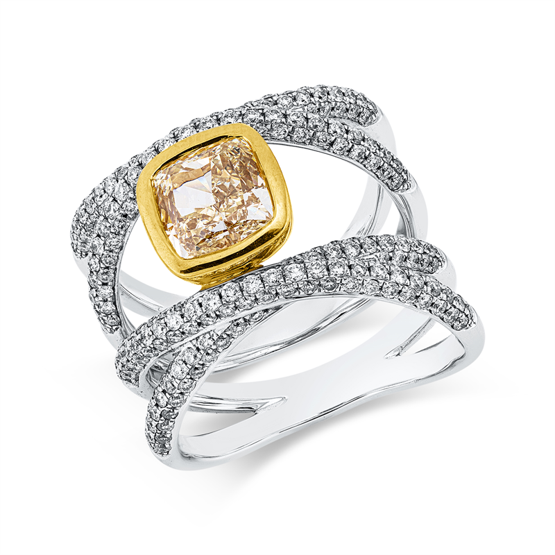 Ring 18 kt WG+GG, GIA 7212644389, 1 Cushion 2,02 ct, gelb-vs1, 238 Brill. 1,02 ct, F-si