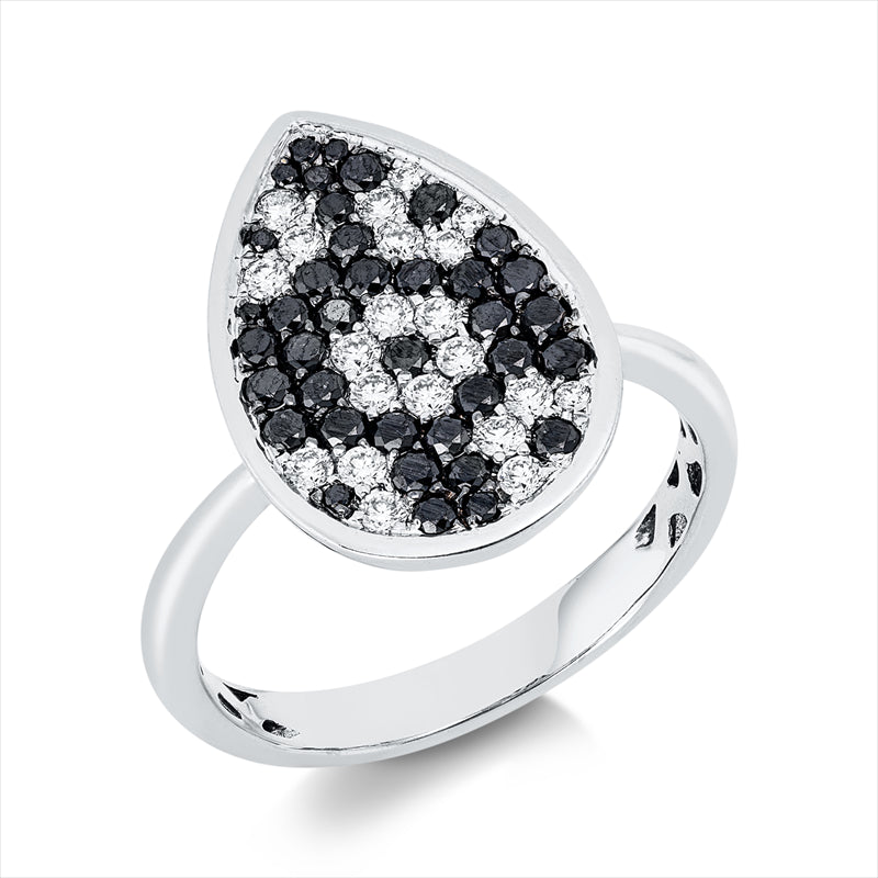 Ring 18 kt WG, Fassung teils schwarz rhodinie, 21 Brill. 0,32 ct, F-vsi, 38 Brill. 0,53 ct, schwarz