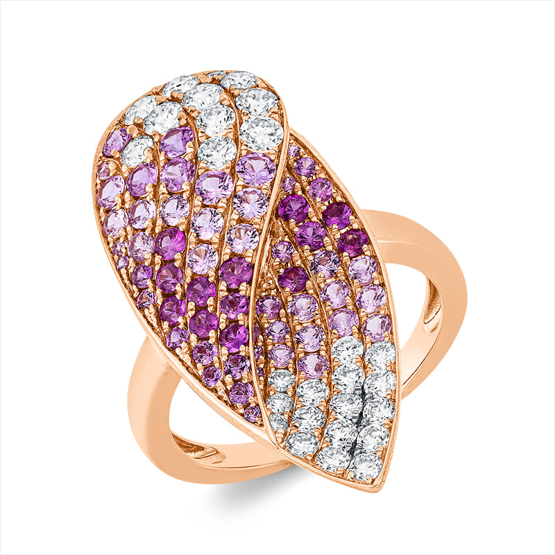 Ring 18 kt RG, 28 Brill. 0,88 ct, TW-si, 59 Saphire 1,42 ct pink