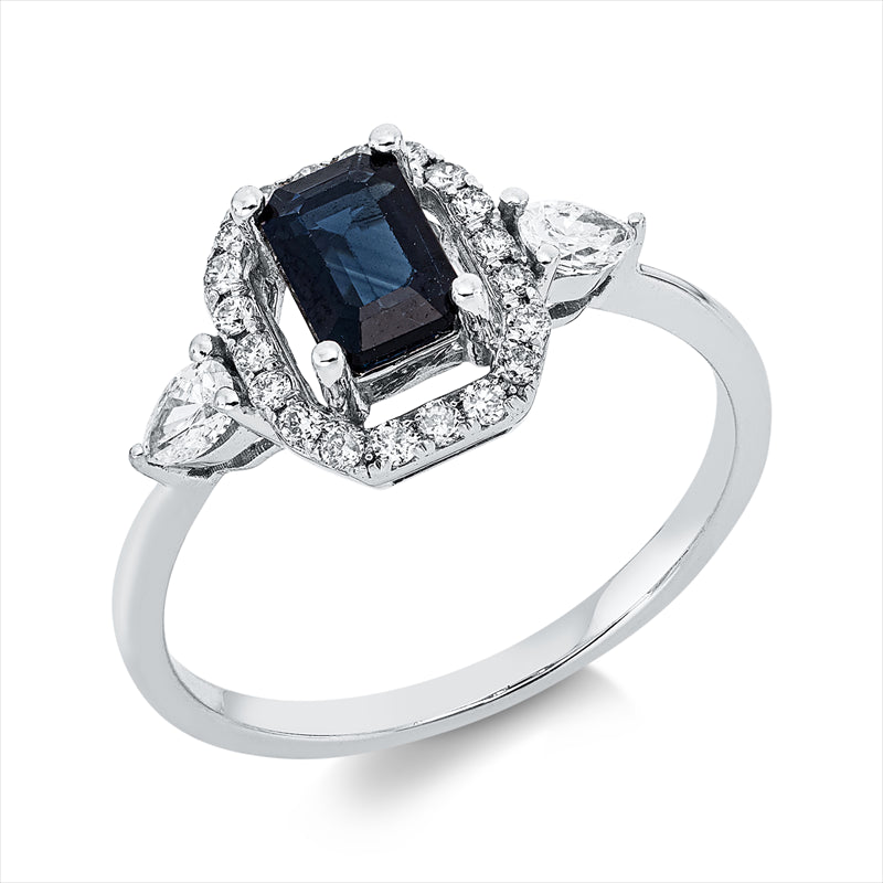 Ring 18 kt WG, 2 Tropfen 0,18 ct, TW-si, 20 Brill. 0,15 ct, TW-pi, 1 Saphir 0,62 ct blau