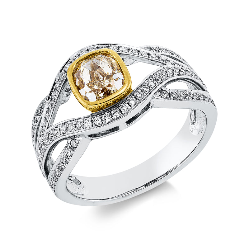 Ring 18 kt WG+GG, GIA 5172359278, 1 Cushion 1,00 ct, gelb-vs1, 88 Brill. 0,34 ct, F-vsi
