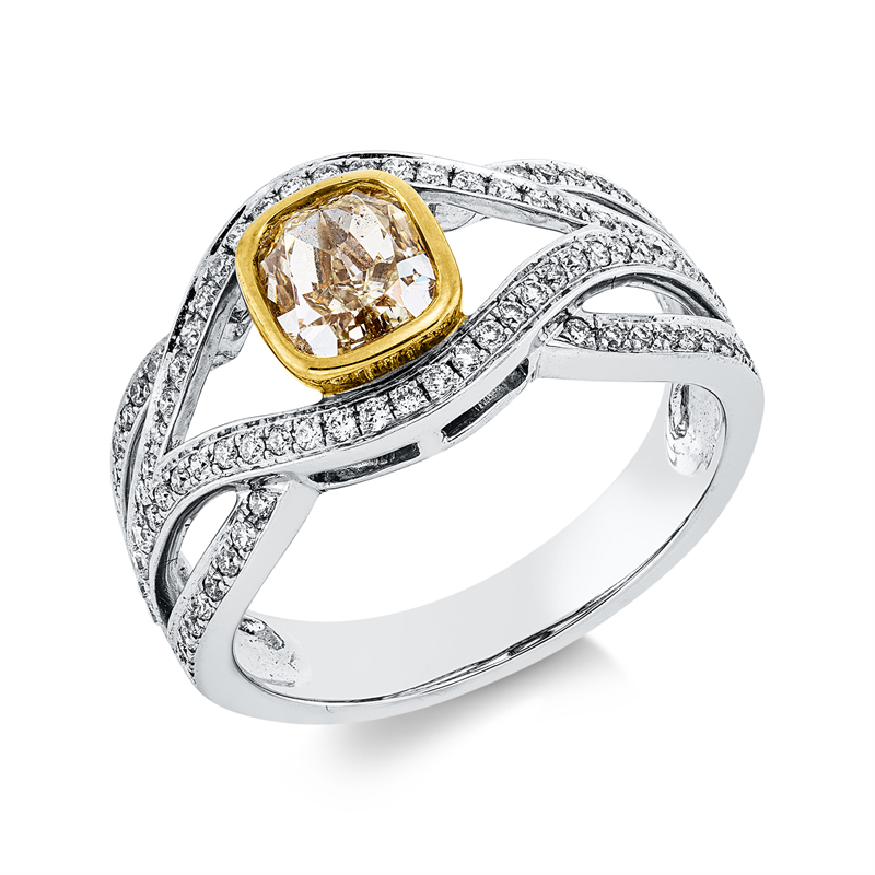Ring 18 kt WG+GG, GIA 5172359278, 1 Cushion 1,00 ct, gelb-vs1, 88 Brill. 0,34 ct, F-si