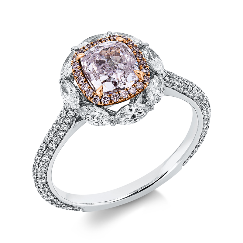 Ring 18 kt ,8 Nav. 0,39 ct, F-vsi, 128 Brill. 0,34 ct, F-vsi, 1 Cushion 1,01 ct, pink, 24 Brill. 0,07 ct, pink