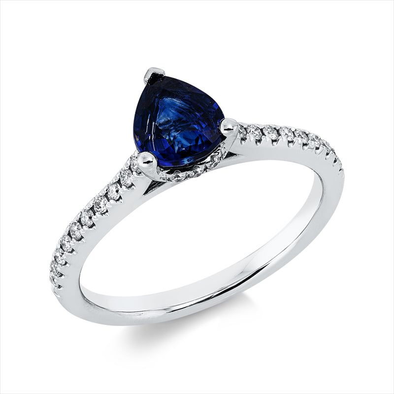 Ring 18 kt WG, 31 Brill. 0,18 ct, TW-si, 1 Saphir 1,11 ct blau