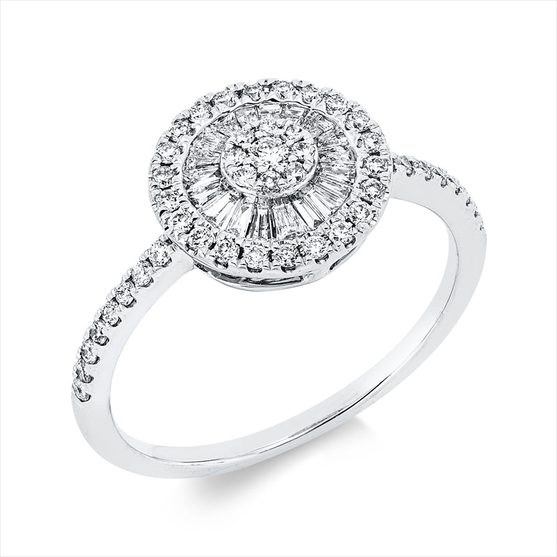 Ring 18 kt WG, 19 Trap. 0,15 ct, TW-si, 47 Brill. 0,29 ct, TW-si