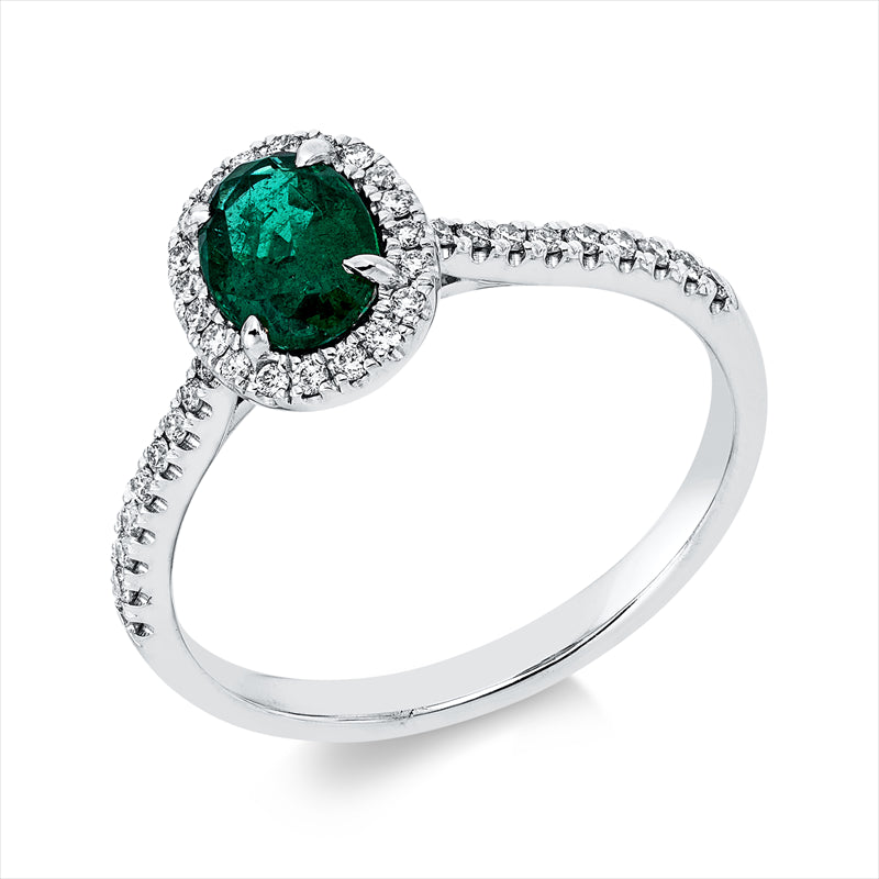 Ring 18 kt WG, 38 Brill. 0,20 ct, TW-si, 1 Smaragd 0,67 ct grün