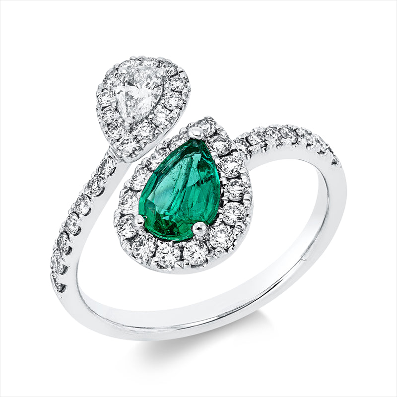 Ring 18 kt WG, 1 Tropfen 0,16 ct, TW-si, 40 Brill. 0,50 ct, TW-si, 1 Smaragd 0,60 ct grün