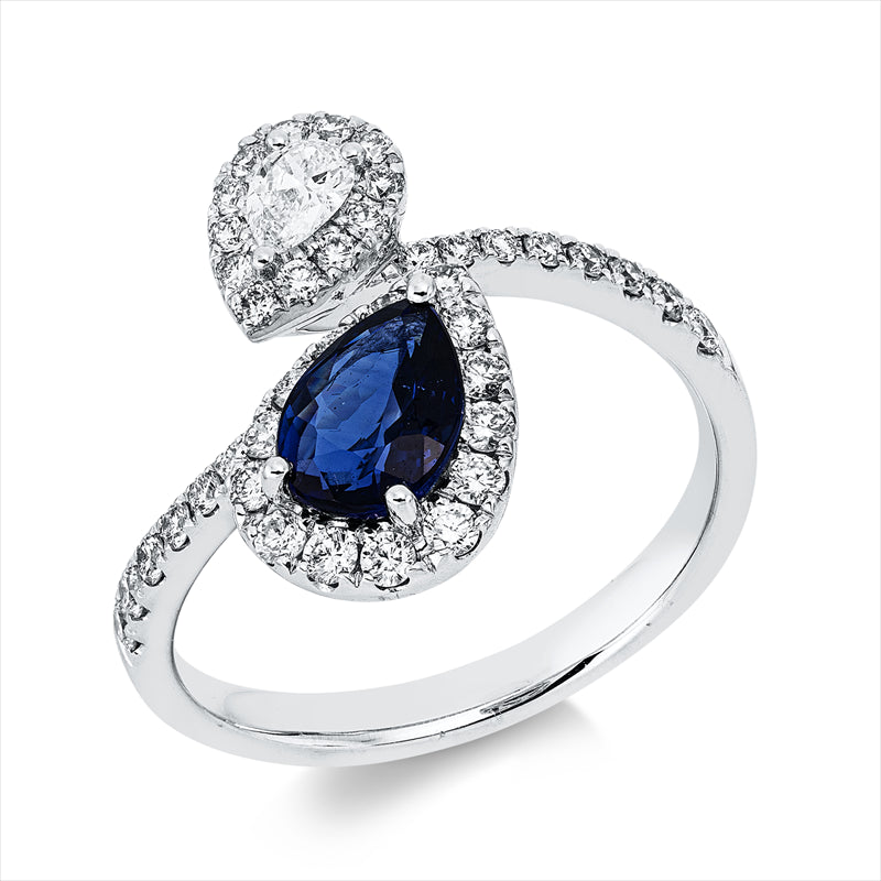 Ring 18 kt WG, 1 Tropfen 0,13 ct, TW-si, 41 Brill. 0,50 ct, TW-si, 1 Saphir 1,09 ct blau