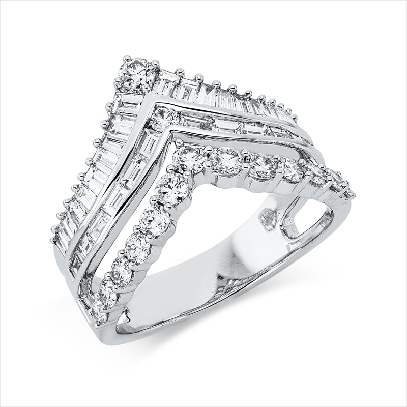 Ring 18 kt WG, 32 Bag. 0,99 ct, TW-vsi, 15 Brill. 0,65 ct, TW-si