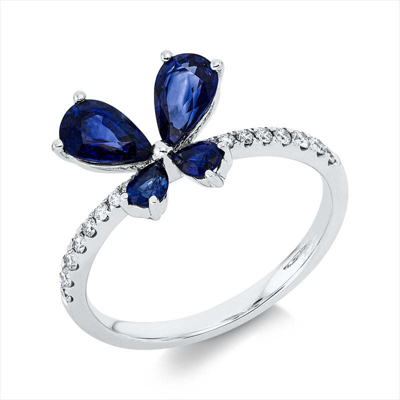 Ring 18 kt WG, 18 Brill. 0,15 ct, TW-si, 2 Saphire 1,00 ct blau, 2 Saphire 0,22 ct blau