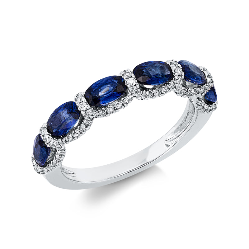 Ring 18 kt WG, 100 Brill. 0,32 ct, TW-si, 6 Saphire 1,52 ct blau