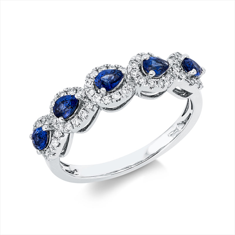 Ring 18 kt WG, 56 Brill. 0,26 ct, TW-si, 5 Saphire 0,58 ct blau