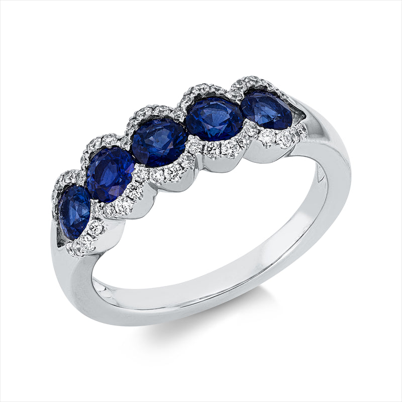 Ring 18 kt WG, 42 Brill. 0,22 ct, TW-si, 5 Saphire 1,22 ct blau