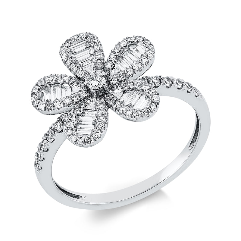 Ring 18 kt WG, 15 Bag. 0,29 ct, TW-vsi, 90 Brill. 0,39 ct, TW-si