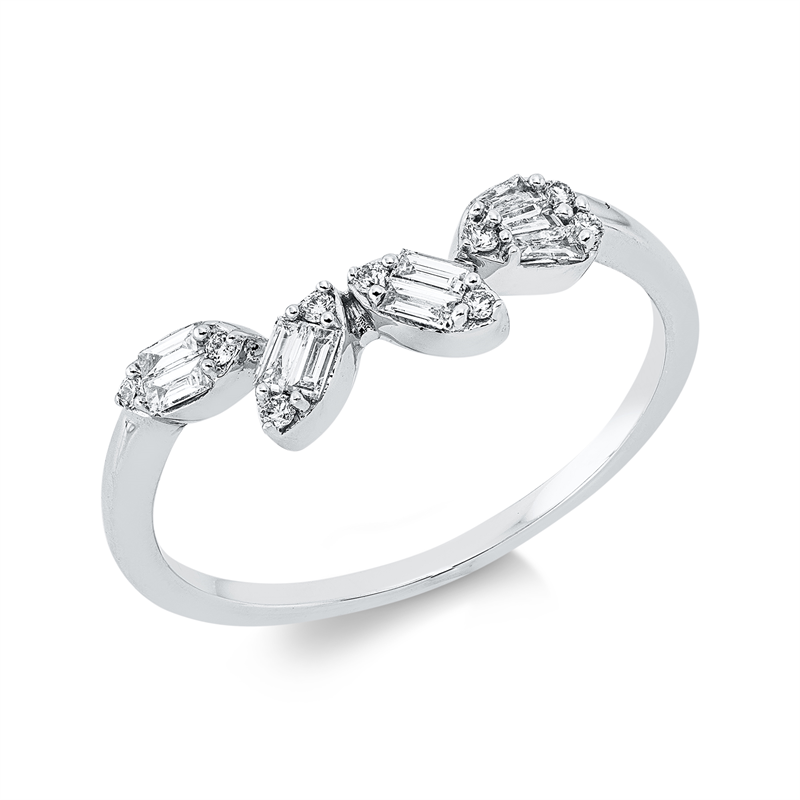 Ring 18 kt WG, 6 Bag. 0,10 ct, TW-vsi, 3 Trap. 0,04 ct, TW-vsi, 9 Brill. 0,05 ct, TW-si