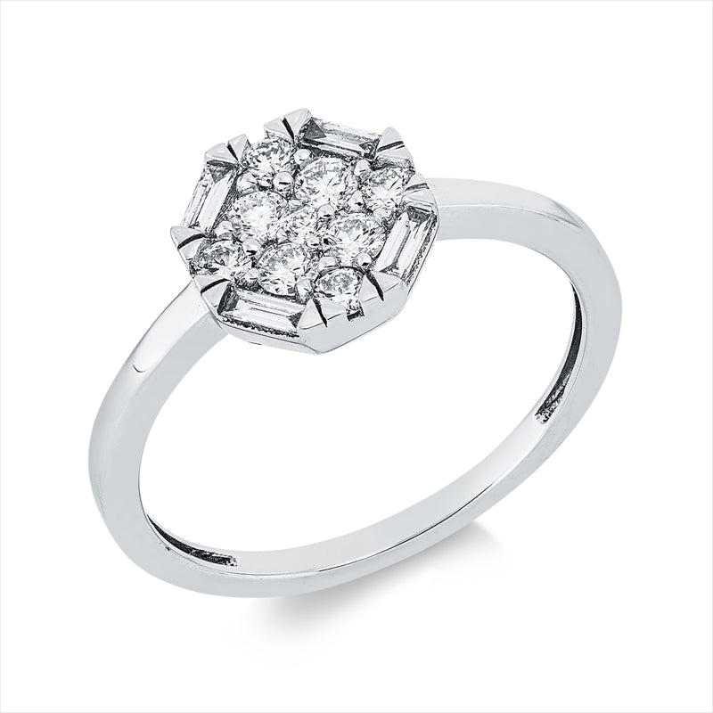 Ring 18 kt WG, 4 Bag. 0,09 ct, TW-vsi, 9 Brill. 0,29 ct, TW-si