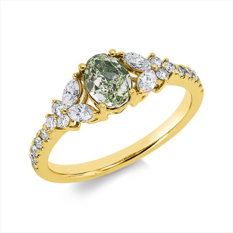 Ring 18 kt GG, 4 Nav. 0,21 ct, TW-vsi, 16 Brill. 0,20 ct, TW-si, 1 Oval 0,81 ct, grün
