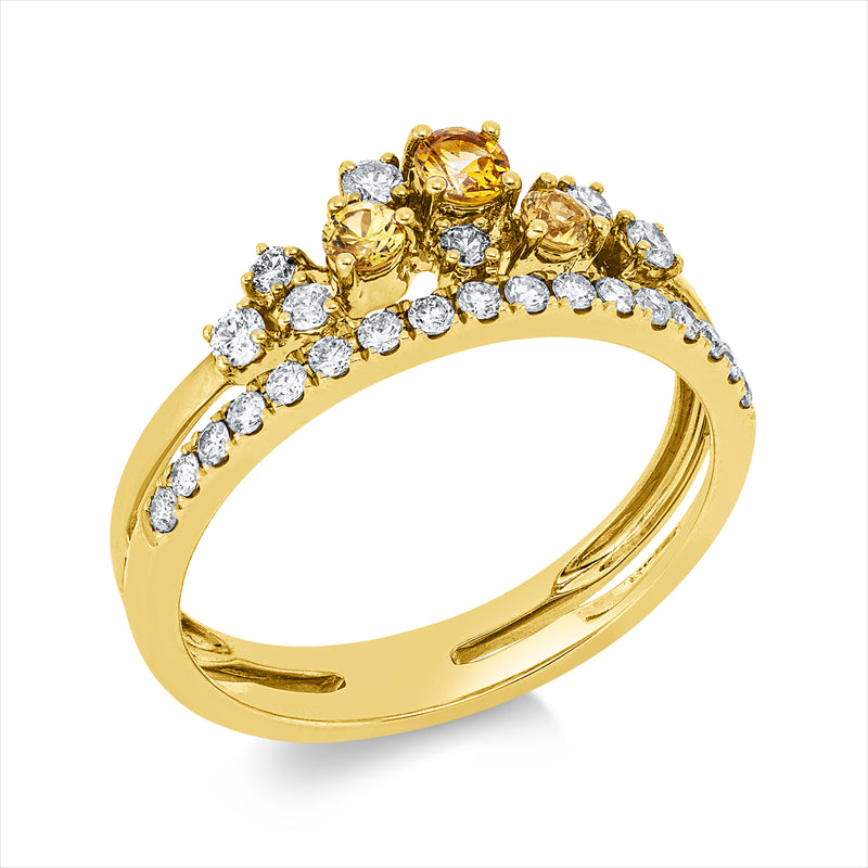 Ring 14 kt GG, 24 Brill. 0,35 ct, W-si/pi, 1 Saphir 0,08 ct gelb, 2 Saphire 0,21 ct gelb