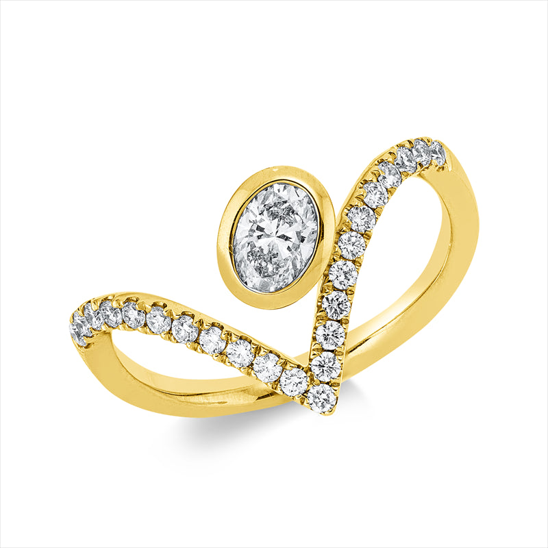 Ring 14 kt GG, 1 Oval 0,39 ct, W-si, 23 Brill. 0,26 ct, W-si/pi