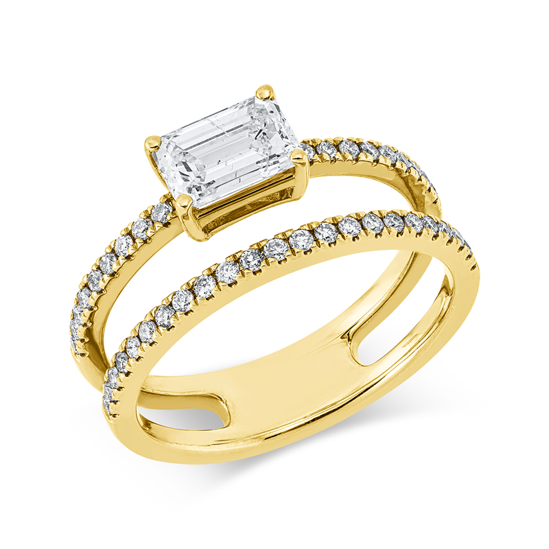 Ring 14 kt GG, 1 Sm.schliff 0,85 ct, W-si, 41 Brill. 0,30 ct, W-si